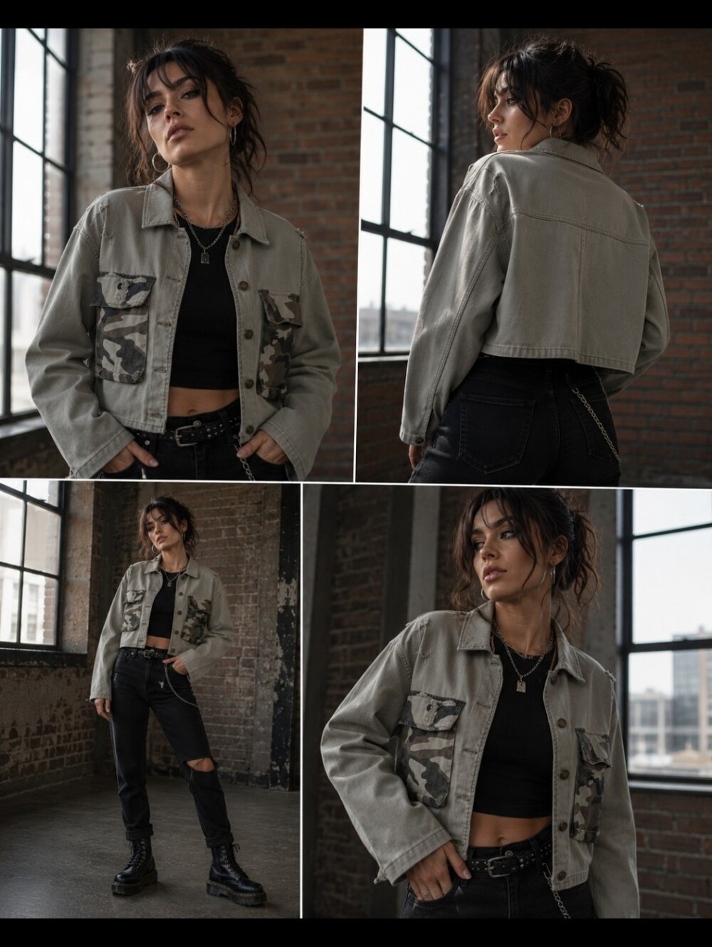 CHARLIE B Khaki Utility Jacket with Camouflage Accents